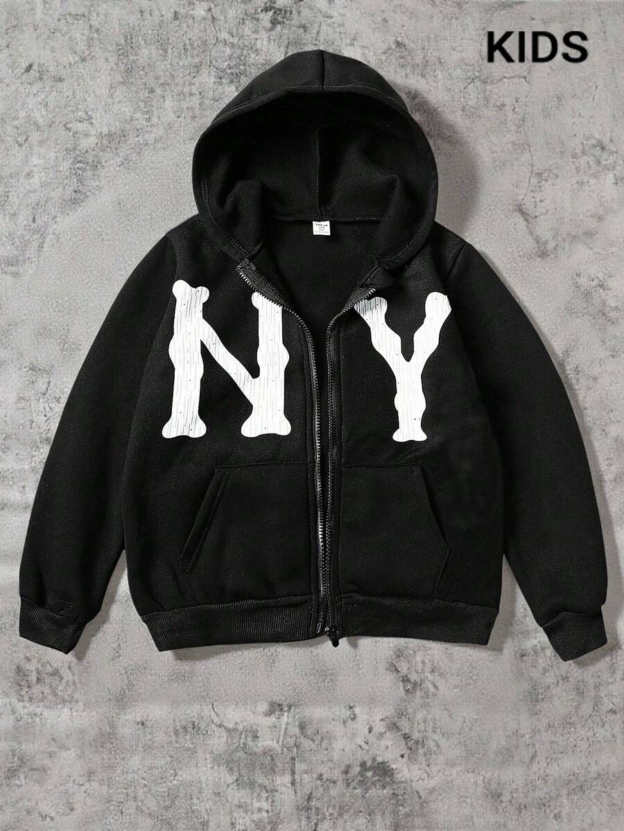 SHEIN Coolqubz 青少年男孩休閒字母圖案連帽衛衣,適合戶外秋季穿著 - 黑色 - 查看 1