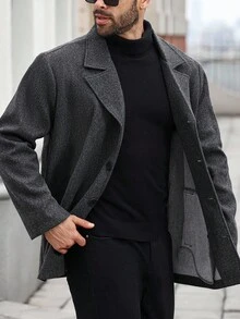 Manfinity Homme Plus Size Men's Lapel Neck Long Sleeve Single-Breasted Casual Loose Overcoat, Men Overcoat, Long Coat For Men, Fall Winter