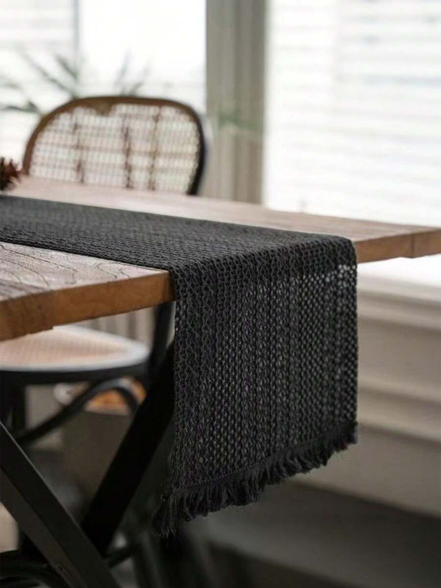 1 件波西米亚风格桌旗 Macrame 桌旗适用于家居装饰，带流苏的 Macrame 桌旗适用于波西米亚风格餐厅卧室装饰乡村新娘送礼会、农舍乡村风格桌旗、餐垫、感恩节圣诞节家居装饰（多种尺寸可选） - 黑米字 - 查看 1