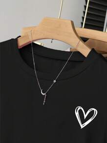 Camiseta ajustada con cintura ceñida, fruncido lateral y estampado de corazón, versátil y de moda para mujer - Burdeos - Ver 4