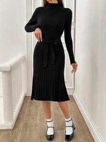 SHEIN Tall Belted Detailed Rib-Knit Solid Color Casual Frenchy Sweater Dress - Black - View 5