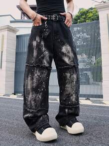 Manfinity EMRG 男士街头时尚半圆铆钉图案宽松阔腿洗水牛仔裤，emo风格 - 黑色 - 查看 2