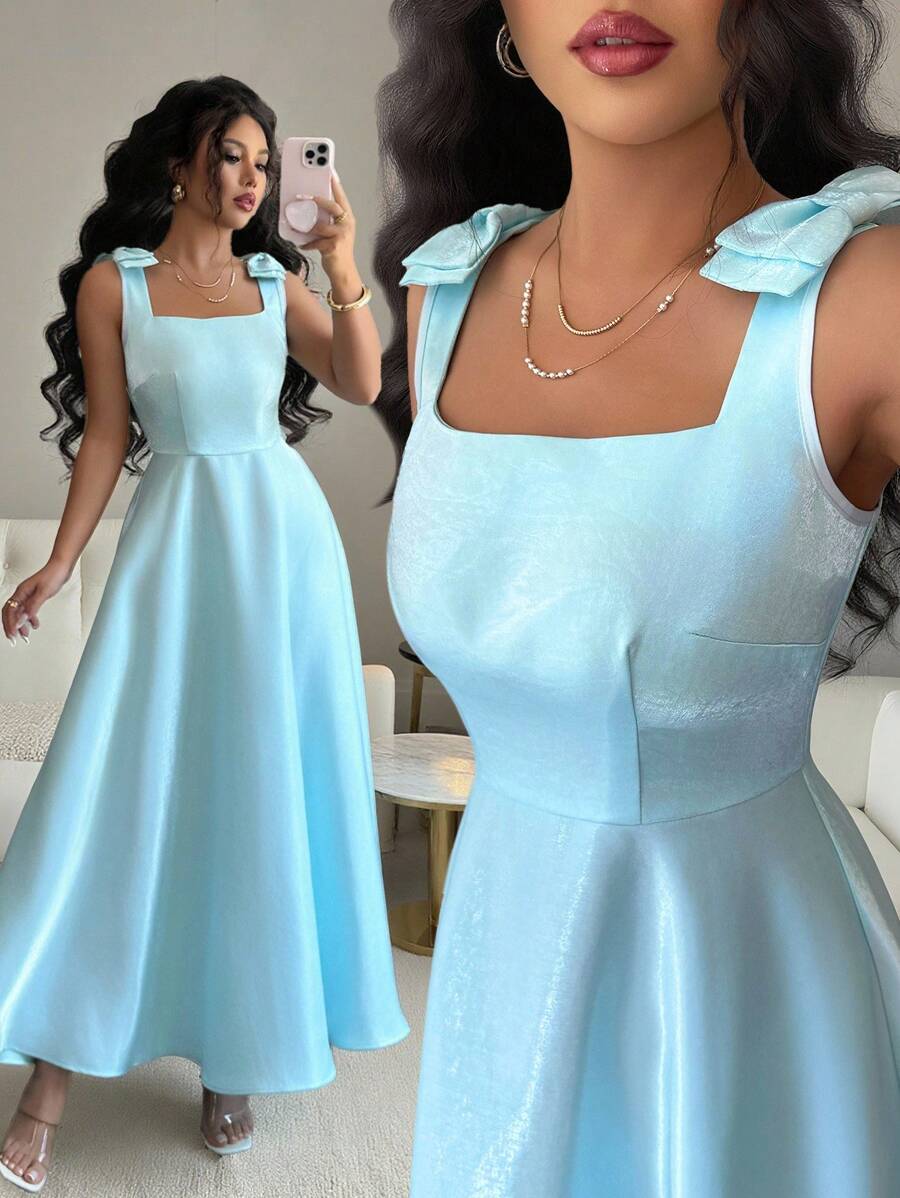Elenzga Vestido midi de mujer con cuello cuadrado, lazo decorativo y cintura ceñida de tela suave - verde menta - Ver 1