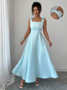 Elenzga Vestido midi de mujer con cuello cuadrado, lazo decorativo y cintura ceñida de tela suave - verde menta - Ver 4
