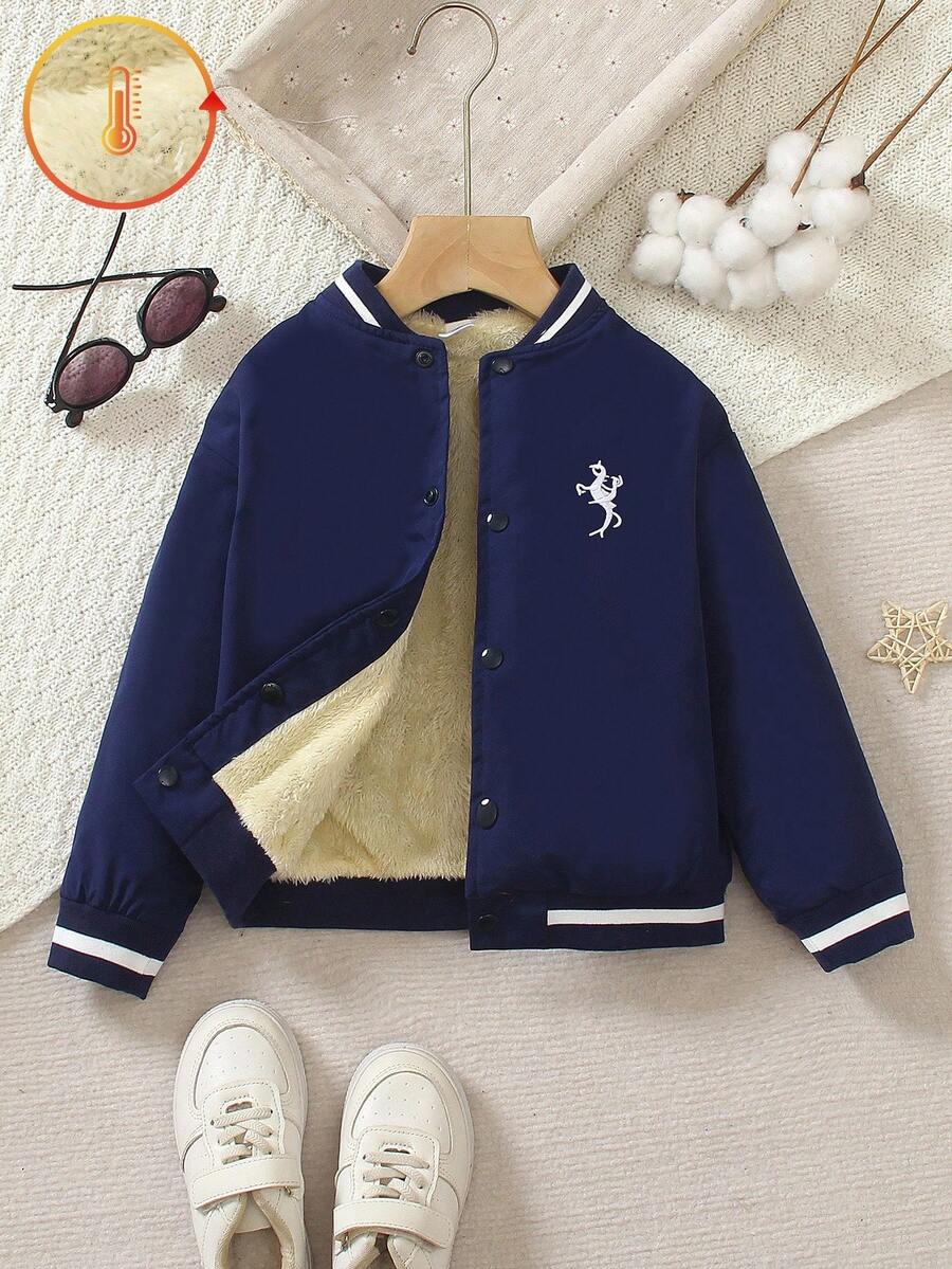 SHEIN 男童休闲刺绣细节保暖外套，返校季时尚穿搭，适合秋冬季节 - 彩色 - 查看 1