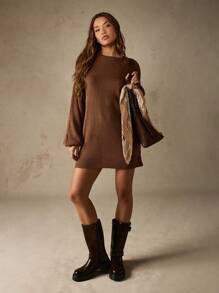MISSGUIDED 超大罗纹针织毛衣裙灯笼袖秋冬舒适迷你长款套头休闲裙温暖棕色休闲时尚 - 棕色 - 查看 3