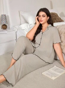 SHEIN Plus Size Casual Loose Flounced Short Sleeve Top And Pants Set, Soft Draping Lightweight Khaki Knit Fabric, Summer