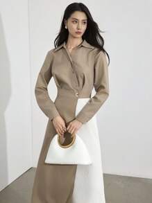 Heiryn Đầm midi tay dài phối màu thanh lịch thời trang dành cho nữ - Màu Khaki - Xem 1
