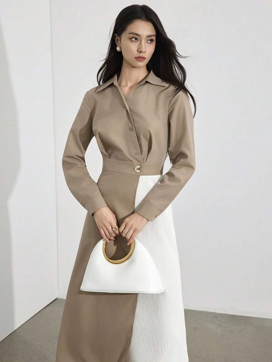 Heiryn Đầm midi tay dài phối màu thanh lịch thời trang dành cho nữ - Màu Khaki - Xem 1