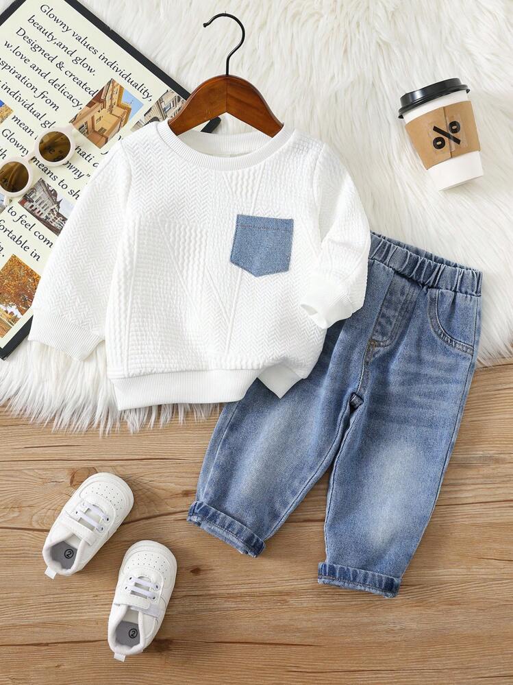 SHEIN 2 peças/Conjunto Moletom Branco Casual e Calça Denim Azul Longa Conjunto de Agasalho para Bebê Menino/Menina, Roupas Unissex para Bebê no Outono/Inverno - Multicolorido - Visão 5
