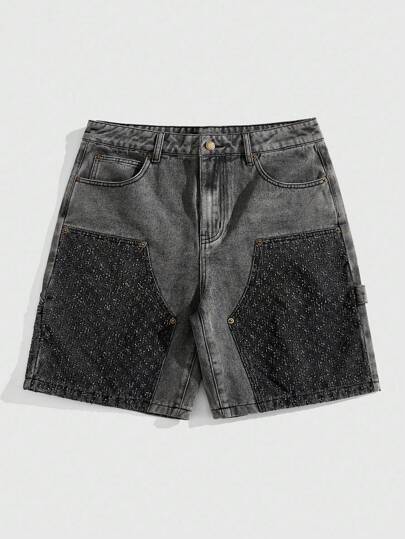 Grunge Punk Men's Color Block Washed Denim Shorts For Summer