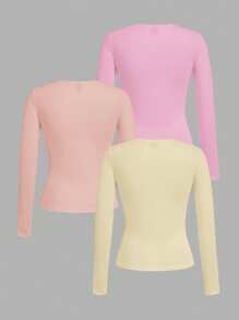 SHEIN EZwear 3 件套女士休闲紧身圆领长袖 T 恤套装，适合秋冬季 - 彩色 - 查看 2