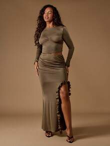 MISSGUIDED Váy Maxi Dài Xẻ Tà Cao Cấp Ruffle Chi Tiết Thanh Lịch, Dáng Dài, Dáng Ôm ... - Màu xanh Ô liu - Xem 3