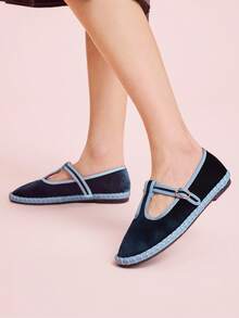 CUCCOO DOLLMOD Giày bệt Mary Jane nhung cổ điển thanh lịch màu xanh navy thoải mái quai chữ T dành cho nữ - Màu xanh hải quân - Xem 8