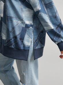 Comfylo Plus Size Casual Denim Effect Print Side Slit Sweatshirt, Fall Winter Autumn Long Sleeve Tops Going Out Tops For Women - Blue - View 6