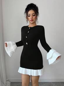 Elenzga Crew Neck Long Sleeve Classic Black & White Contrast Color Asymmetrical Metal Gold Bronze Button Decorative Ruffle Hem Bodycon Stretchy Comfortable Short Vintage Palace Style Elegant Casual Versatile Sweater Dress, Suitable For Multiple Occasions In Spring, Early Autumn, Winter Fall Cloth For Women - Multicolor - View 4