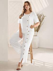 EMERY ROSE 白色两件套女士加大码夏季休闲简约风格纯色短袖圆领衬衫和裤子套装，女士夏季服装，女士度假服装，休闲日常穿着 - 白色 - 查看 1