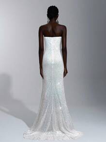 Elitara Cổ áo xếp nếp đính sequin trang nhã, đính đá 3D có thể tháo rời, xếp nếp bên hông, thích hợp cho những dịp trang trọng, đám cưới, tiệc tùng, lễ tốt nghiệp, vũ hội - trắng - Xem 2