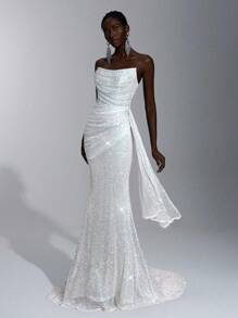 Elitara Cổ áo xếp nếp đính sequin trang nhã, đính đá 3D có thể tháo rời, xếp nếp bên hông, thích hợp cho những dịp trang trọng, đám cưới, tiệc tùng, lễ tốt nghiệp, vũ hội - trắng - Xem 6