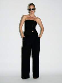 KIZN Top corset bandeau sans bretelles, inspiré du vintage avec boutons devant. Tenue de soirée, de fête, de club, de danse, de sortie, de festival - Noir - Voir 3