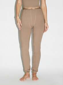 KIZN Lounge Leggings With Elastic Waistband High Rise Bottoms Seamless Design Elastic Ankle Length Loungewear Knit Stretch Pants Fall Winter Essential Daywear - Brown - View 1
