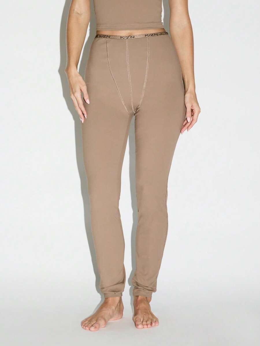 KIZN Lounge Leggings With Elastic Waistband High Rise Bottoms Seamless Design Elastic Ankle Length Loungewear Knit Stretch Pants Fall Winter Essential Daywear - Brown - View 1