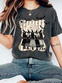 EMERY ROSE 女式加大码休闲女巫、蝙蝠和蜘蛛网图案印花圆领短袖T恤 - 深灰色 - 查看 3