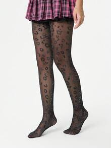 ROMWE Goth 1 par de medias de estampado de leopardo con hilo plateado oscuro gótico - Negro - View 4
