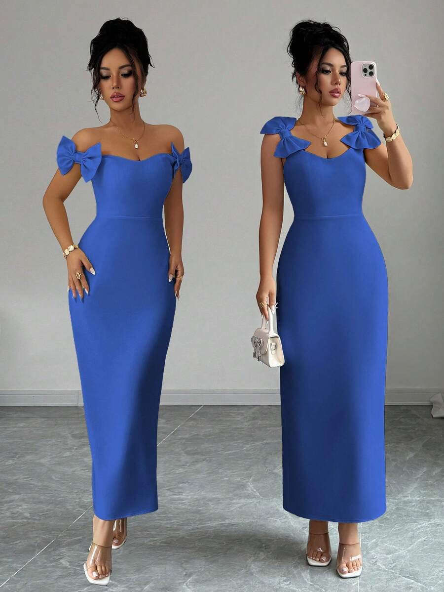 Elenzga 女士优雅无袖长裙，蝴蝶结装饰，休闲通勤、度假、下午茶、派对，纯色，法式浪漫西西里风格，春夏 - 寶藍色 - 查看 1