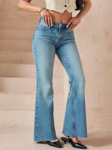 SHEIN Cottnline Low Waist Ripped Vintage Wash Flare Jean - Light Wash - View 5