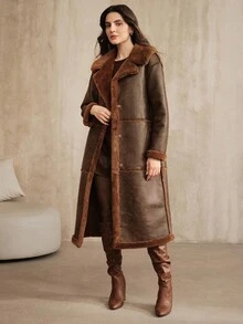 Anewsta Women's Faux Fur Collar Zip-Up Long Casual Urban Fashionable Jacket, Autumn/Winter - Brown - View 7