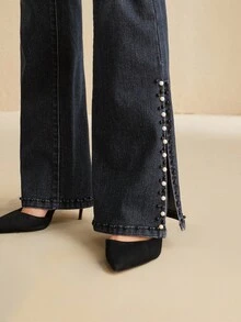 Anewsta Quần jean denim đen đính đinh tán phong cách đường phố, phù hợp cho mùa thu, thanh lịch, sang trọng, Giáng sinh, năm mới - màu đen - Xem 1