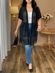 Elenzga Áo khoác cardigan ren sọc đứng cỡ lớn cho nữ - màu đen - Xem 5