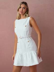 Enchnt Fall/Winter Romantic Women's White Metal Buttons Decor Sleeveless Bubble Hem Cute Mini Dress With Belt,Sweet&Elegant For Vacation&Date&Holiday&Birthday&Party&Graduation&Wedding Guest&Office&Going Out&Halloween&Christmas,Autumn Dresses For Women,Fall Clothes For Women,Autumn Outfits For Women,Back To School - White - View 5