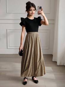 SHEIN Tween Girl Ruffle Trim Tee & Dalmatian Print Wide Leg Trousers - Multicolor - View 9