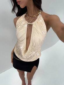 Aloruh Women's Sexy Hollow Out Sequin Backless Draped Neck Top, Summer - Apricot - View 6