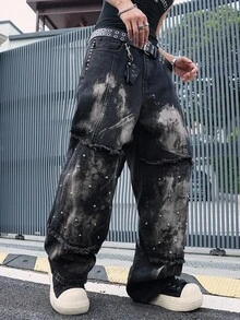 Manfinity EMRG 男士街头时尚半圆铆钉图案宽松阔腿洗水牛仔裤，emo风格 - 黑色 - 查看 4