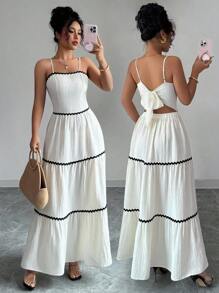 SHEIN PETITE 女式 2025 拼色露背系带纹理连衣裙