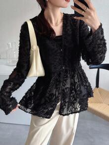 FRIFUL Áo khoác vest không tay dáng rộng cổ chữ V chất liệu vải kết cấu cho nữ, áo kimono ren đen, váy đen, áo choàng ren đen, váy choàng đen, áo cánh ren đen, váy đen, áo choàng ren, áo khoác nữ - màu đen - Xem 2