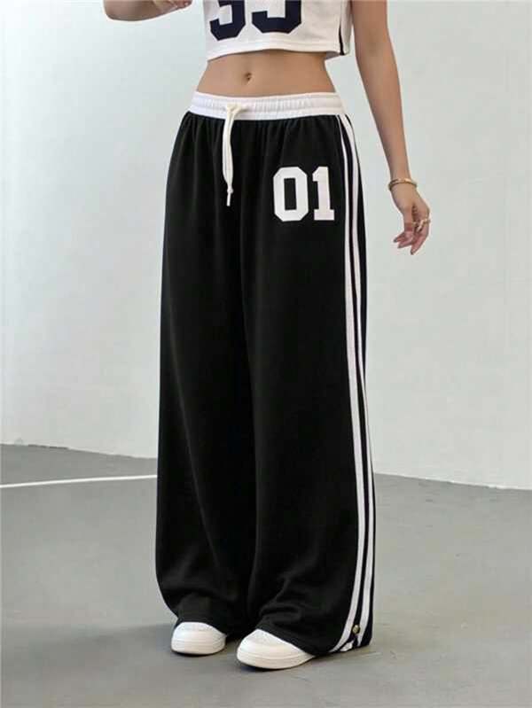 Sweetra Young Teen Girl Sweatpants, New Teenage Sweatpants, Black Sweatpants, Waist Spliced With White Milk Silk, Drawstring Waist, Two Uneven White Woven Bands Decoration On Side, Funny Print, Loose & Comfortable, Casual Sports