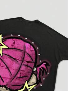 ROMWE MEN Street Life Men's Cartoon Print Round Neck Short Sleeve Casual Versatile T-Shirt, Summer - Black - View 5