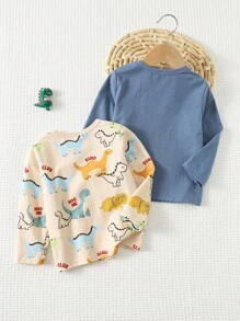Cozy Pixies 2 pezzi Set di magliette a maniche lunghe in maglia morbida con collo a giro e stampa di dinosauri per bambini maschi, magliette leggere con grafica di dinosauri