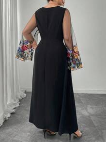 Modelyn 大码女式花卉刺绣网眼喇叭袖优雅垂坠领连衣裙 - 黑色 - 查看 2