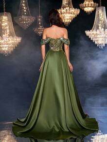 Glamrae Elegant Luxurious Beaded & Sequin Floral Patchwork Satin Mermaid Maxi Skirt With Detachable Overskirt & Train, Suitable For Wedding, Party, Vacation, Prom, Evening Gown (Heavy Embellished) - Green - View 4