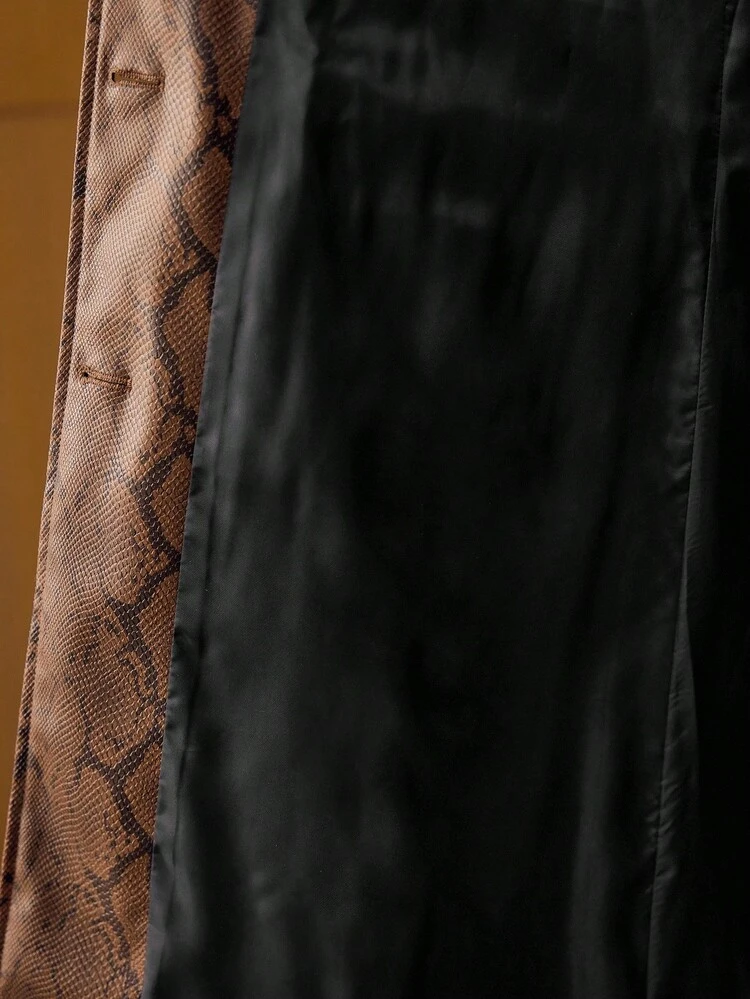 PU LEATHER SNAKESKIN PATTERN CONTRAST FUZZY PANEL BUCKLE BELTED FAUX FUR LONG COAT