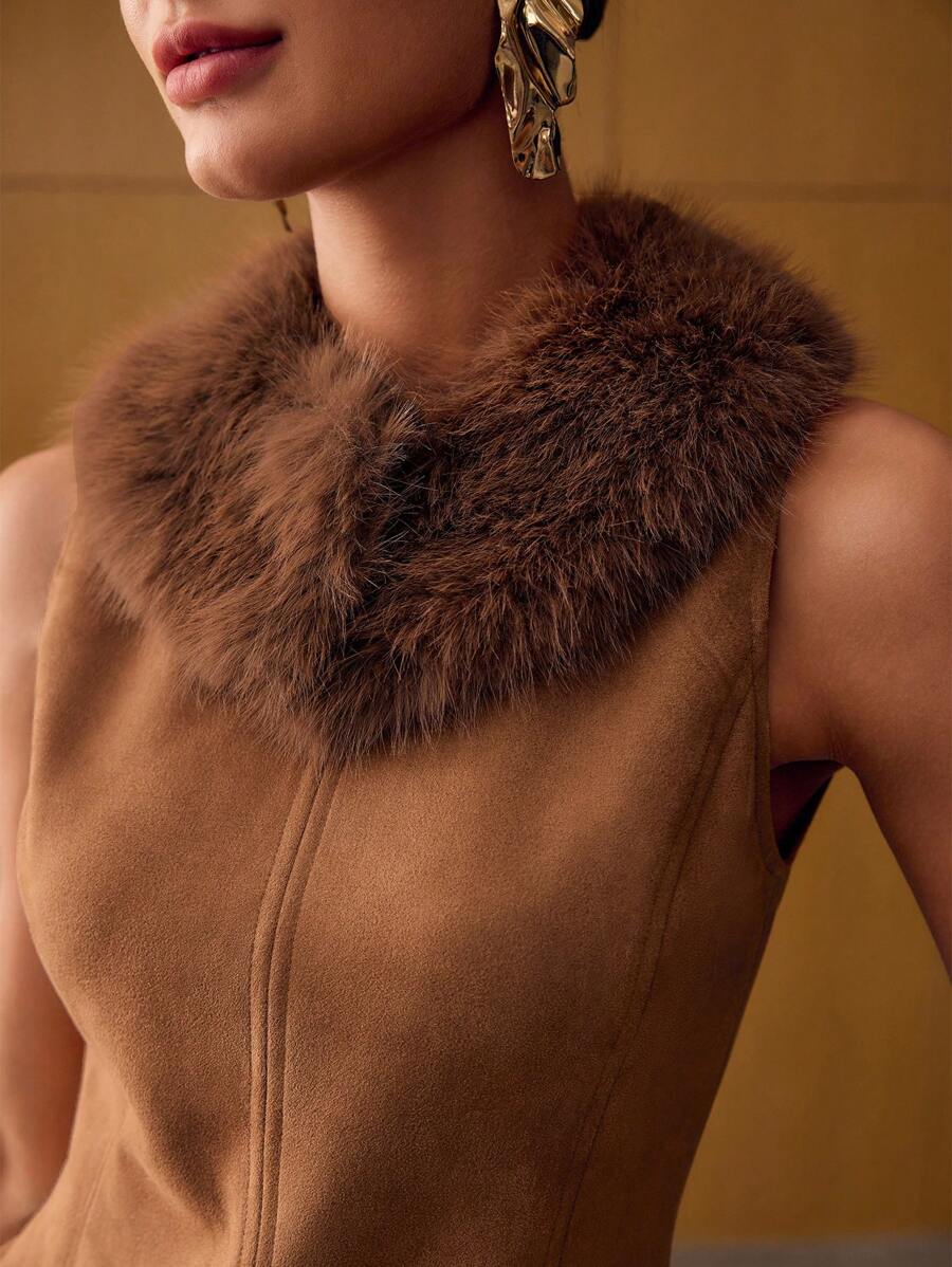 MOTF PREMIUM SUEDETTE CONTRAST FUZZY TRIM SLEEVELESS TOP & SKIRT OUTFITS - Khaki - View 2