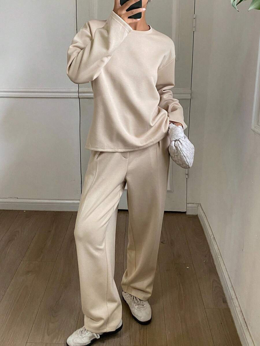 DAZY Women's Casual Solid Color Round Neck Top And 3/4 Pants 2 Pieces Set, Autumn,Fall Women Clothes Tracksuits Women Set Lounge Sets For Women - Apricot - View 1