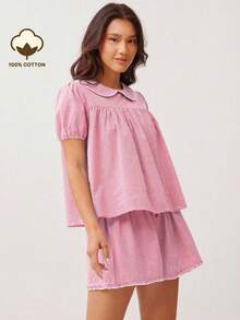 WESTFADE Summer Cotton Gingham Gingham & Lace Peter-Pan Collared Voluminous Babydoll Short Puff Sleeve Button Back Top Spring Beach Vacation - Pink - View 1