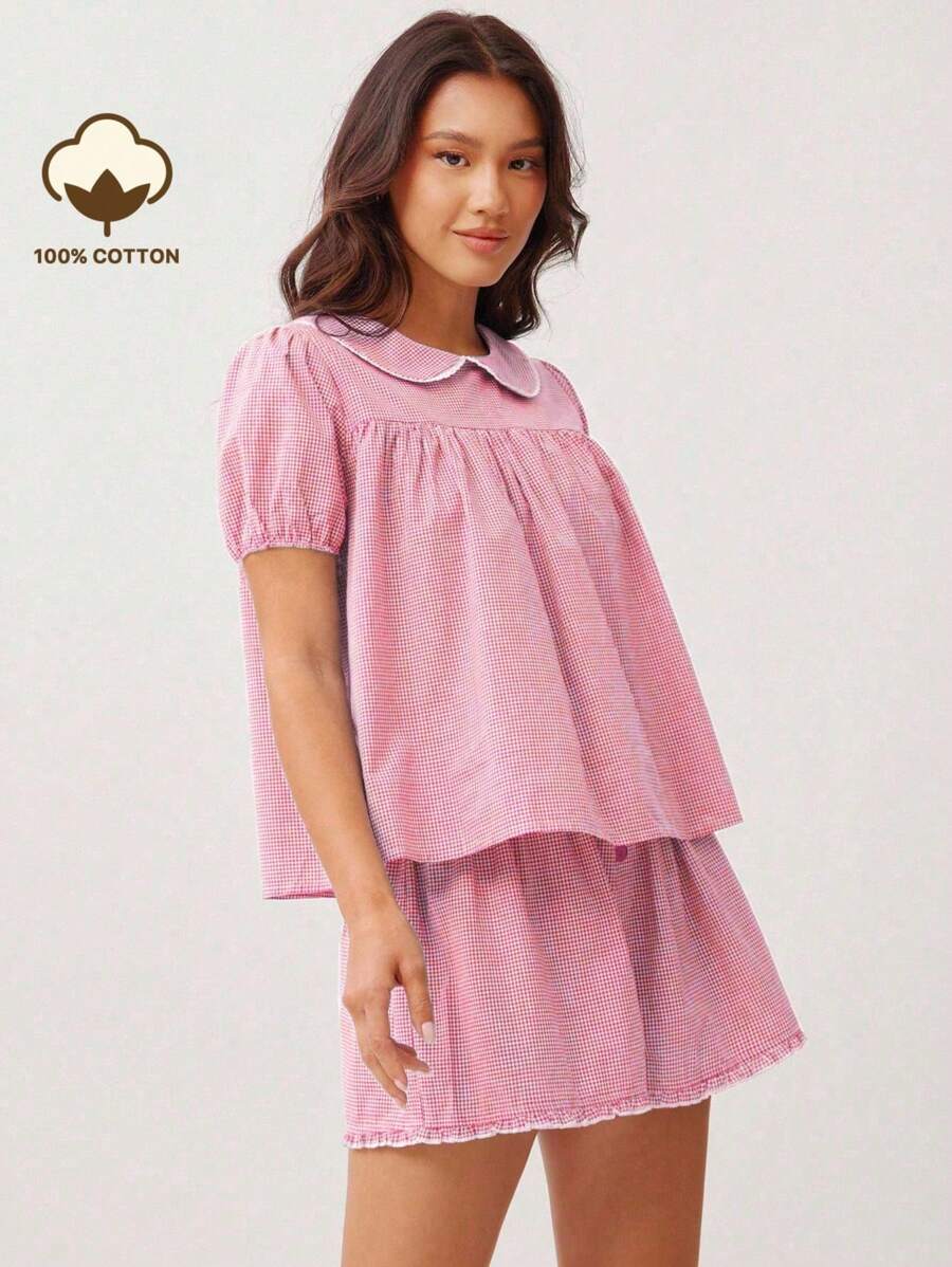 WESTFADE Summer Cotton Gingham Gingham & Lace Peter-Pan Collared Voluminous Babydoll Short Puff Sleeve Button Back Top Spring Beach Vacation - Pink - View 1