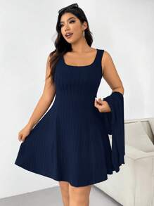 SHEIN EZwear 大码海军蓝厚实罗纹卫衣连衣裙套装，初秋 - 藏蓝色 - 查看 6